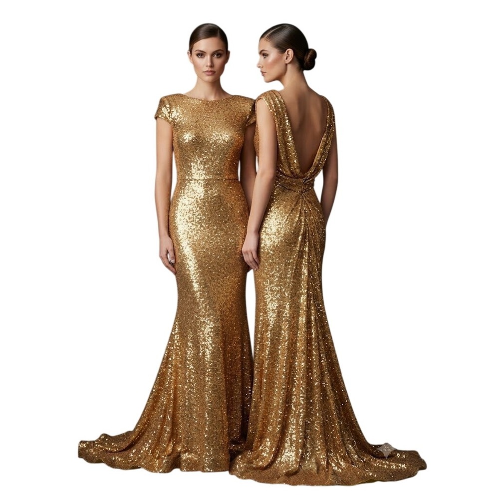 Babyonline Sequin Mermaid Gown Womens Gold Open Back Formal Maxi Dress